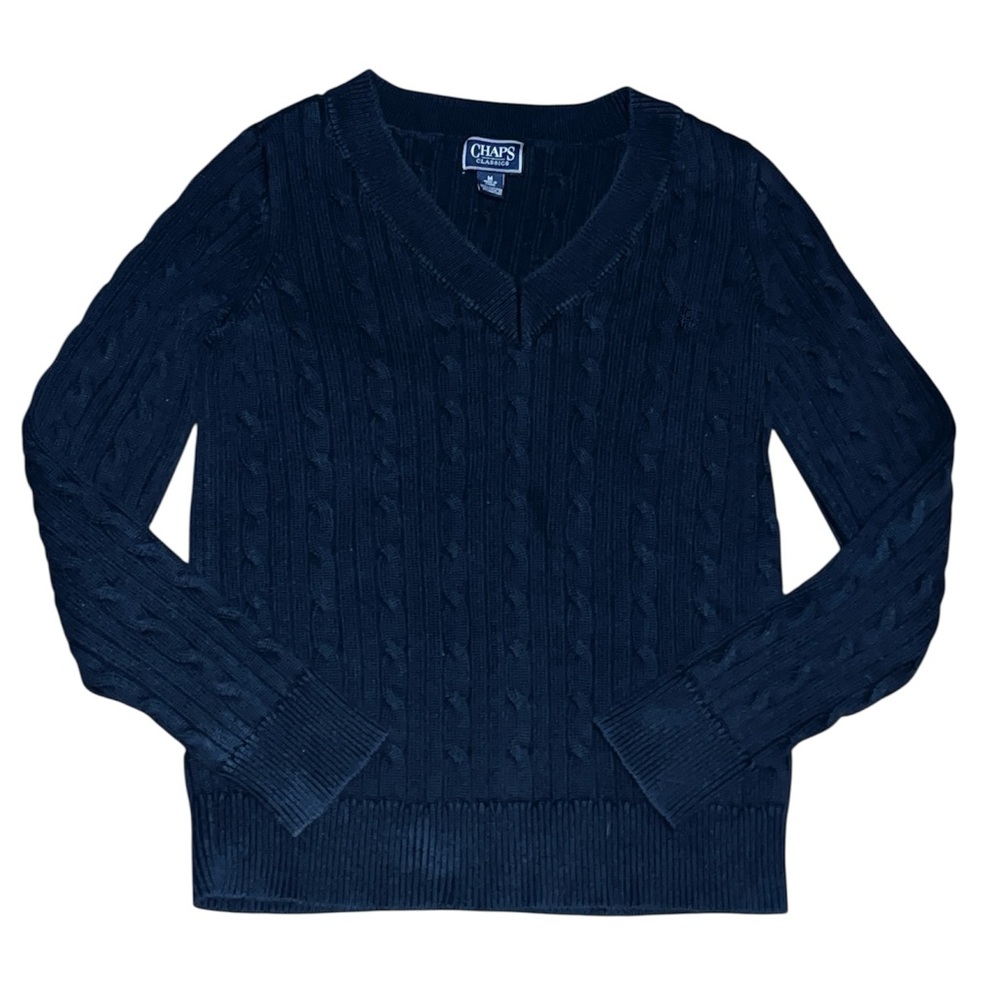 Chaps medium chunky cable knit sweater blue medium v neck preppy academia spring